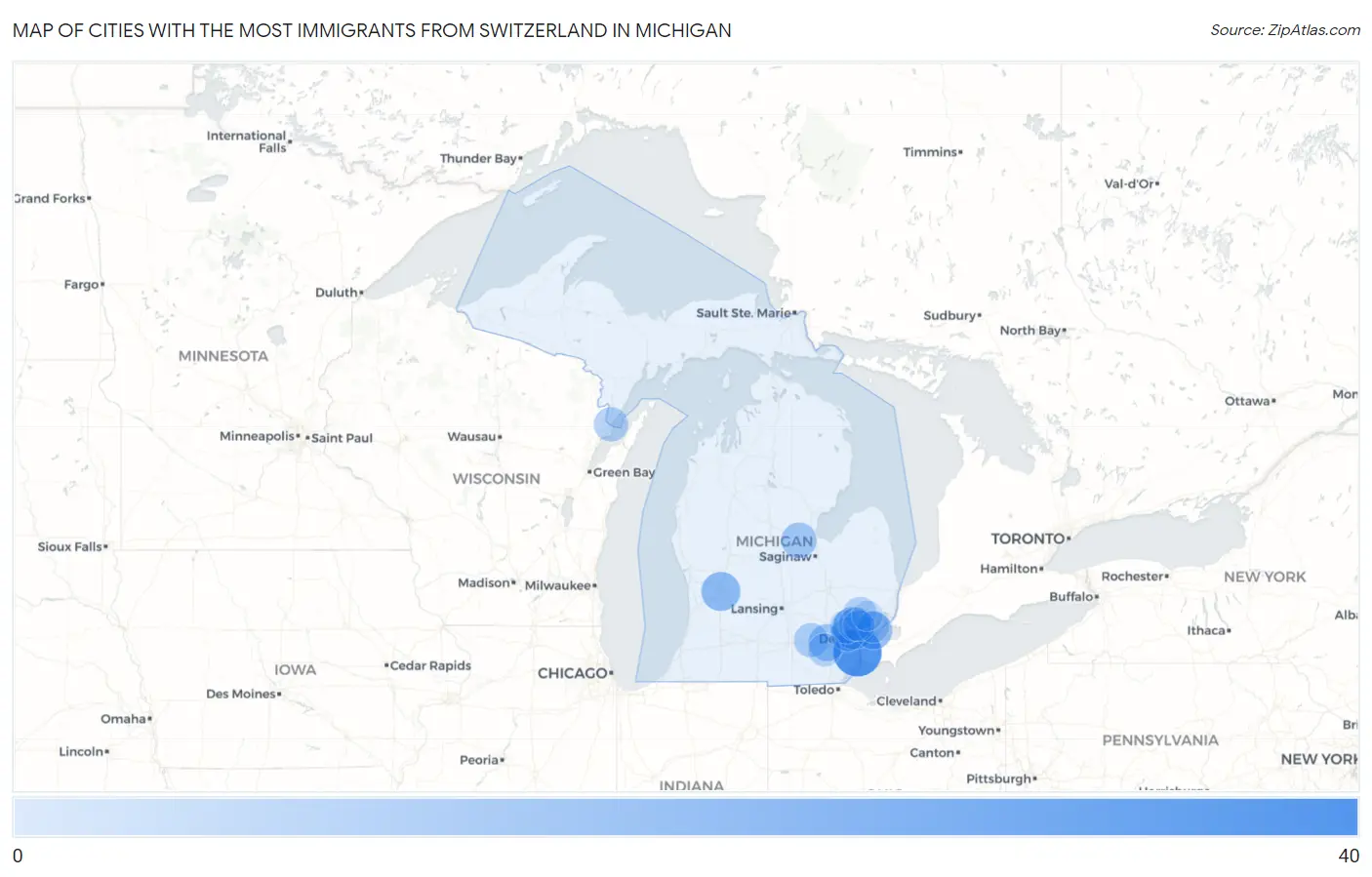 Cities with the Most Immigrants from Switzerland in Michigan Map