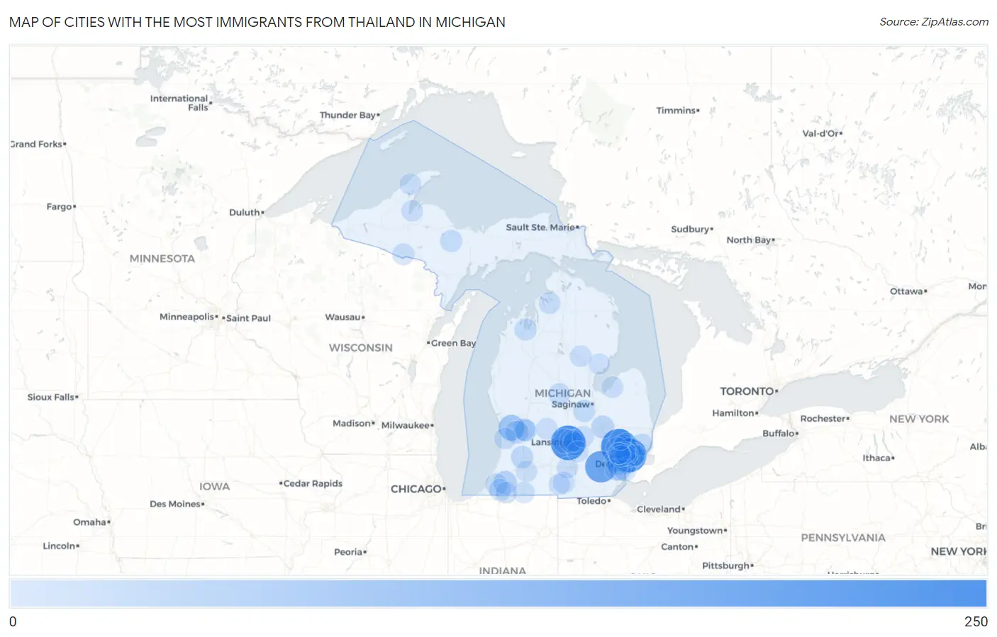 Cities with the Most Immigrants from Thailand in Michigan Map