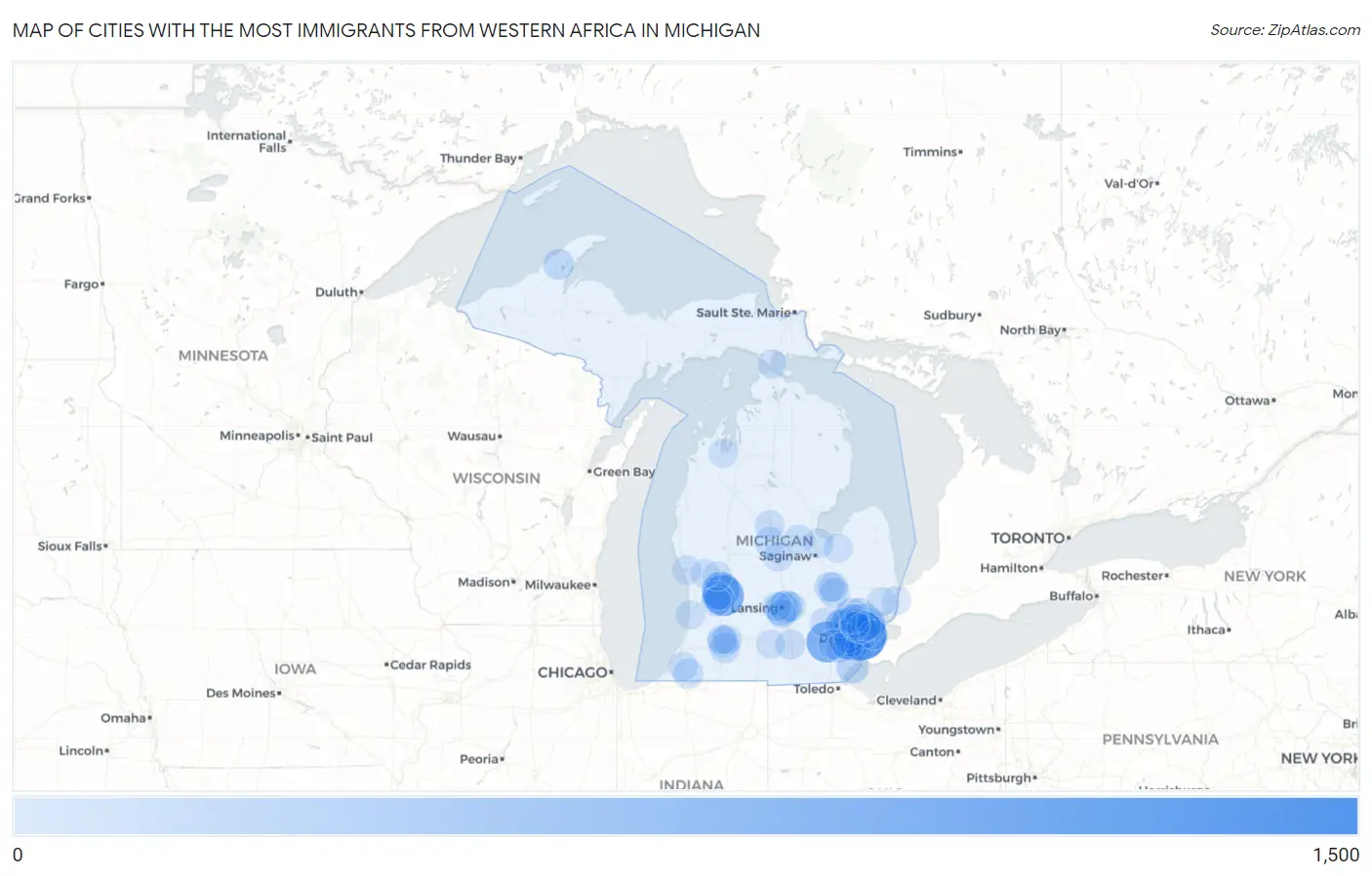 Cities with the Most Immigrants from Western Africa in Michigan Map