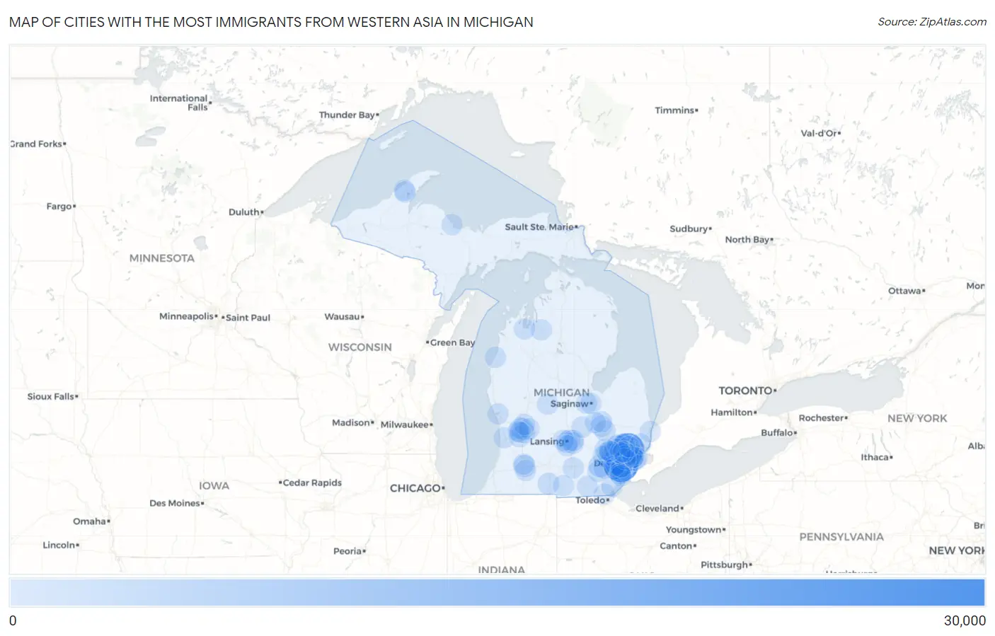 Cities with the Most Immigrants from Western Asia in Michigan Map