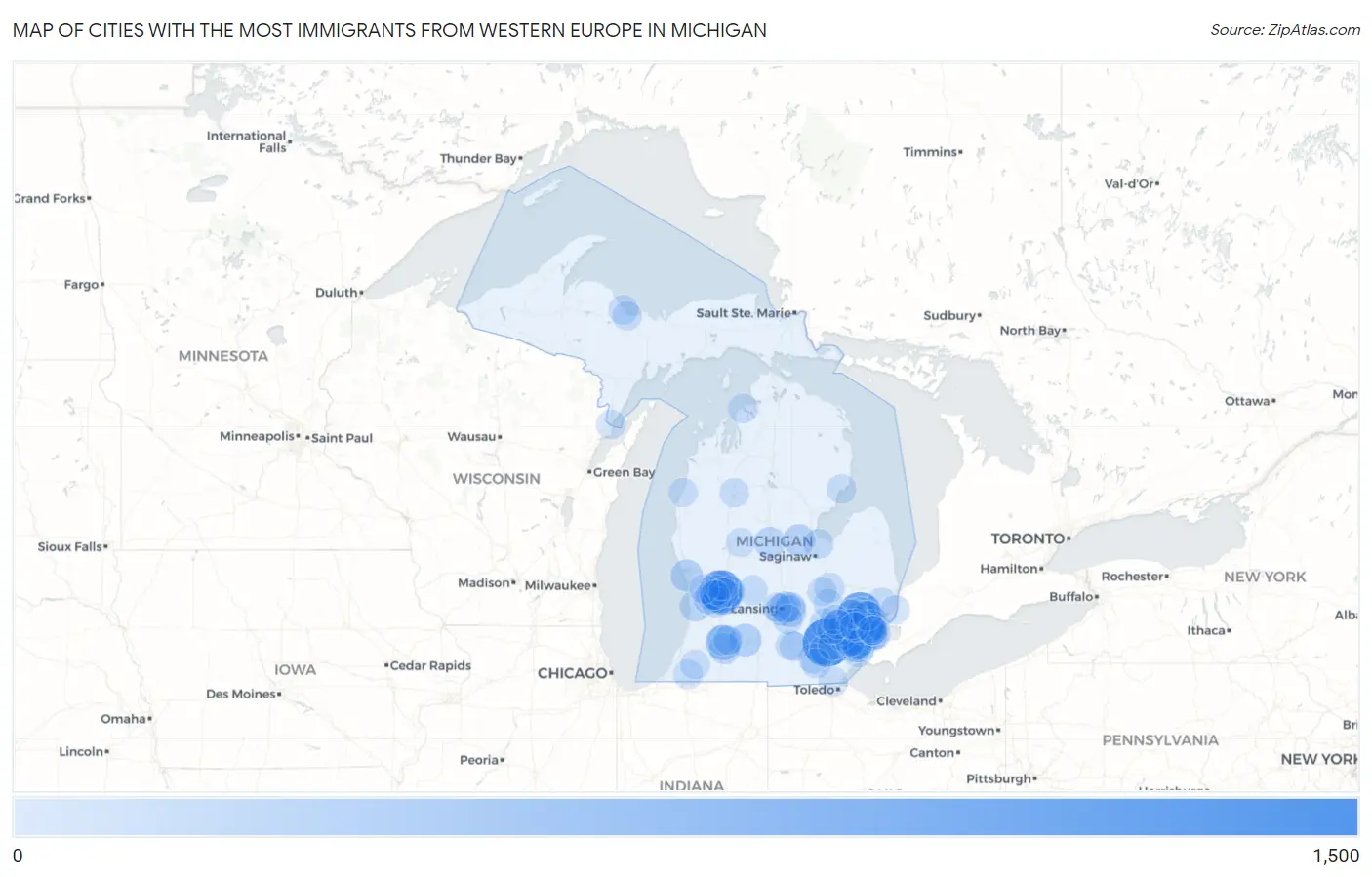 Cities with the Most Immigrants from Western Europe in Michigan Map