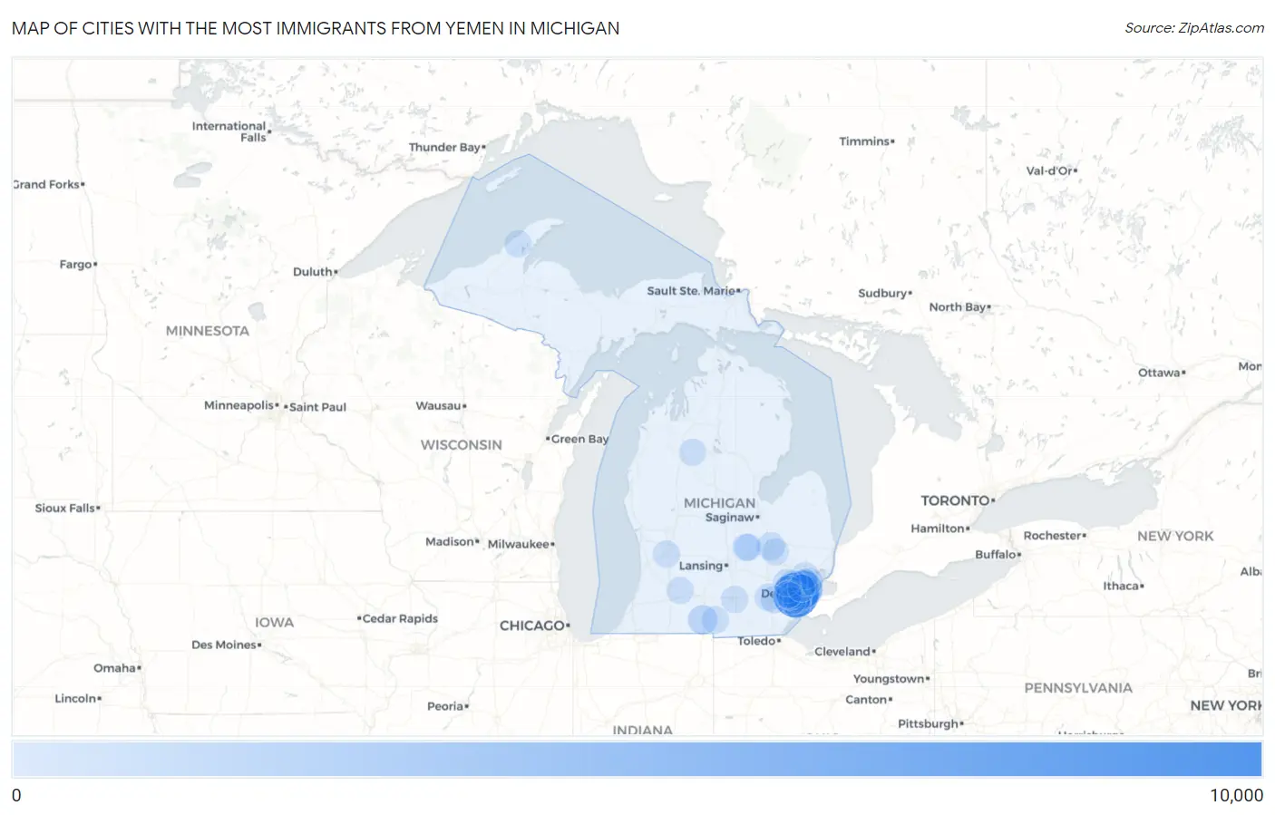 Cities with the Most Immigrants from Yemen in Michigan Map