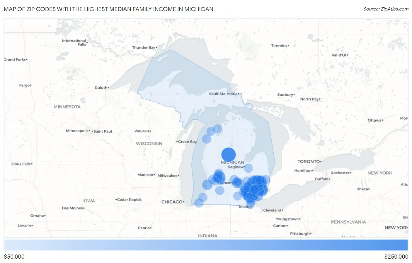 Zip Codes with the Highest Median Family Income in Michigan Map