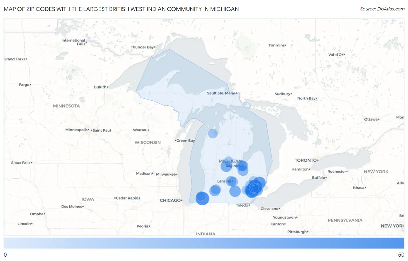 Zip Codes with the Largest British West Indian Community in Michigan Map