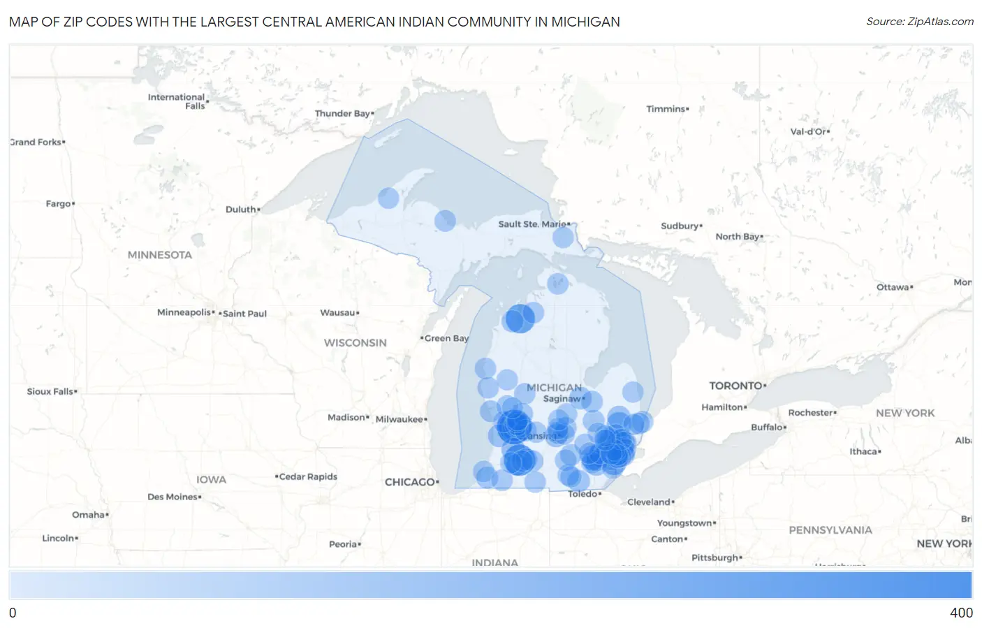 Zip Codes with the Largest Central American Indian Community in Michigan Map