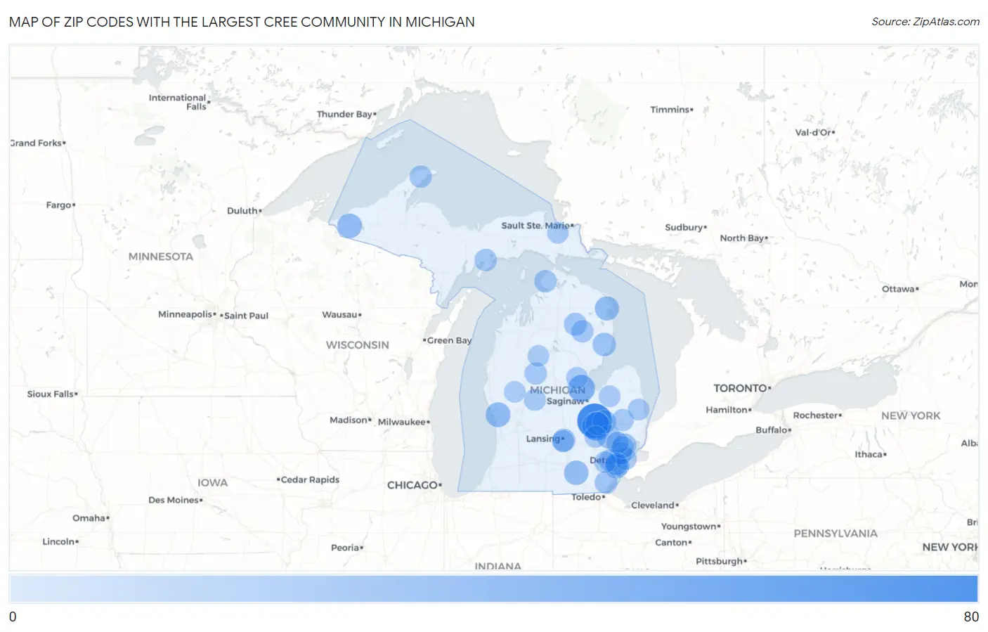 Zip Codes with the Largest Cree Community in Michigan Map