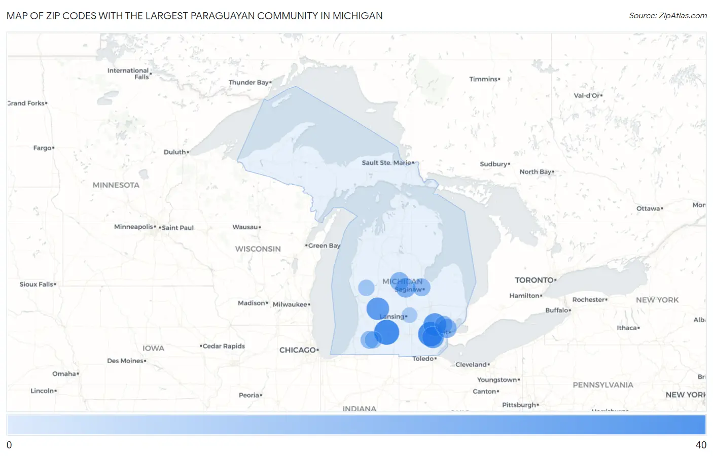 Zip Codes with the Largest Paraguayan Community in Michigan Map