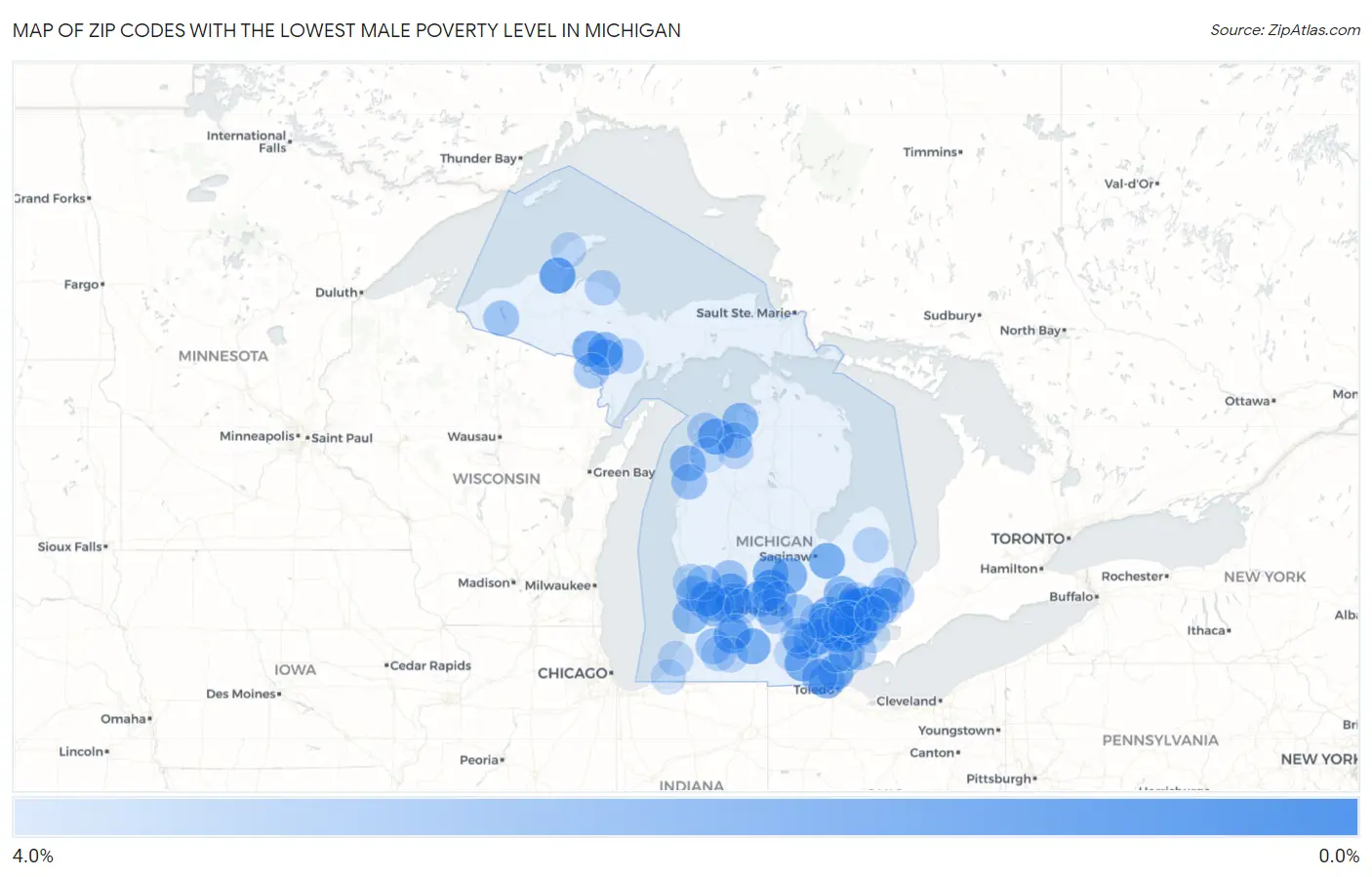 Zip Codes with the Lowest Male Poverty Level in Michigan Map