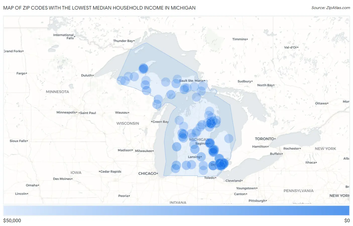 Zip Codes with the Lowest Median Household Income in Michigan Map