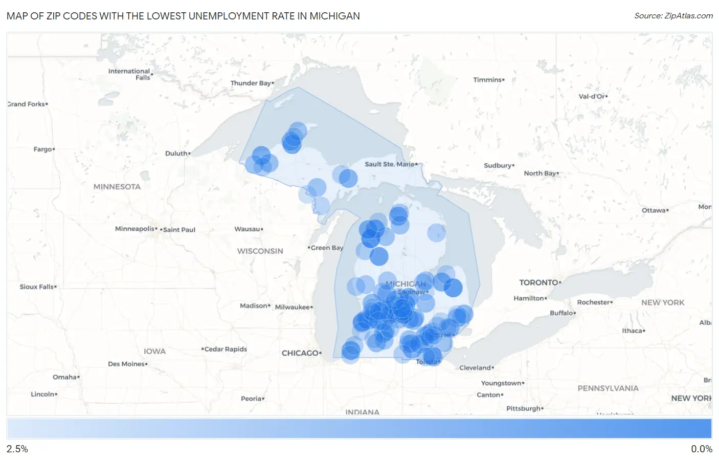 Zip Codes with the Lowest Unemployment Rate in Michigan Map