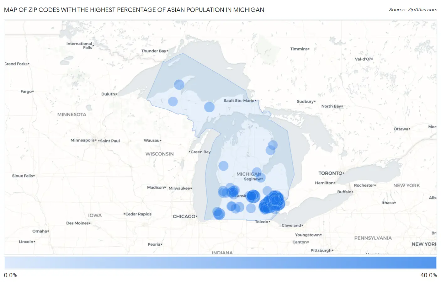 Zip Codes with the Highest Percentage of Asian Population in Michigan Map