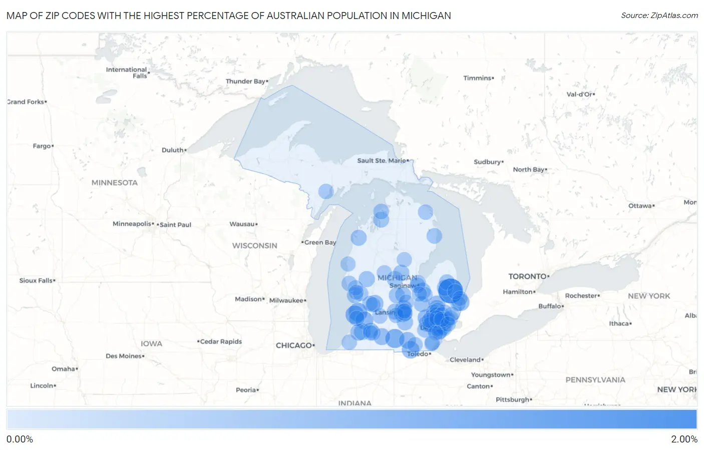 Zip Codes with the Highest Percentage of Australian Population in Michigan Map