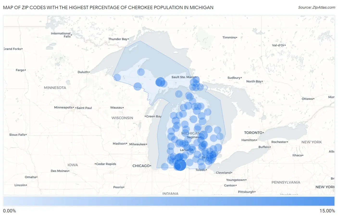 Zip Codes with the Highest Percentage of Cherokee Population in Michigan Map