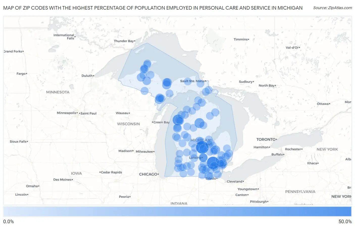 Zip Codes with the Highest Percentage of Population Employed in Personal Care and Service in Michigan Map