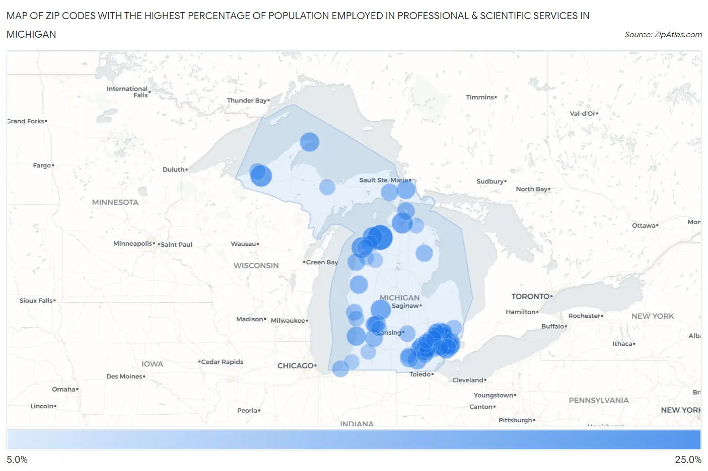 Zip Codes with the Highest Percentage of Population Employed in Professional & Scientific Services in Michigan Map