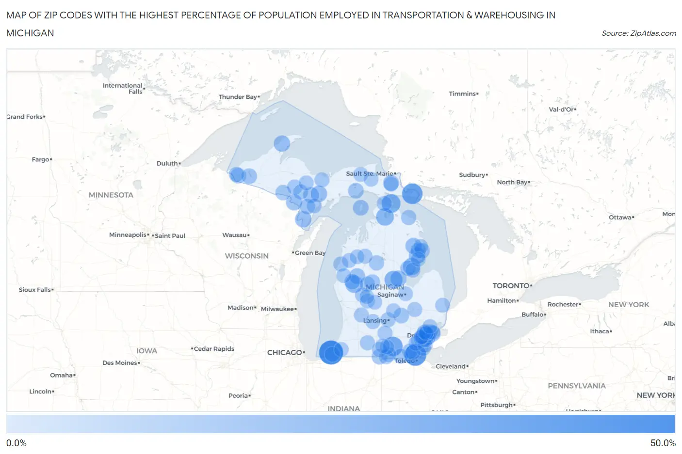 Zip Codes with the Highest Percentage of Population Employed in Transportation & Warehousing in Michigan Map