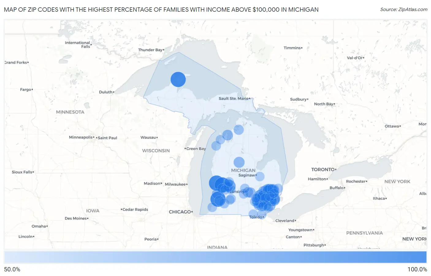 Zip Codes with the Highest Percentage of Families with Income Above $100,000 in Michigan Map