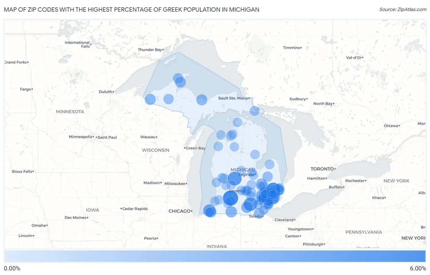 Zip Codes with the Highest Percentage of Greek Population in Michigan Map
