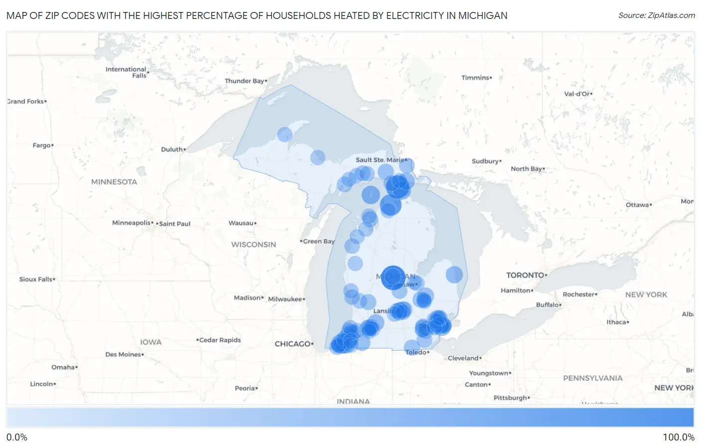 Zip Codes with the Highest Percentage of Households Heated by Electricity in Michigan Map