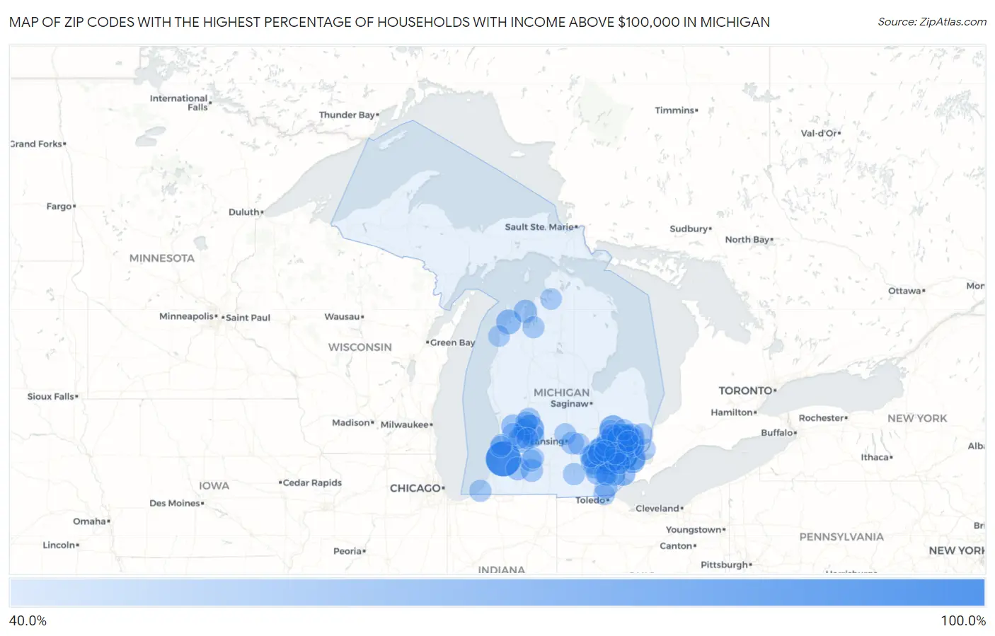Zip Codes with the Highest Percentage of Households with Income Above $100,000 in Michigan Map
