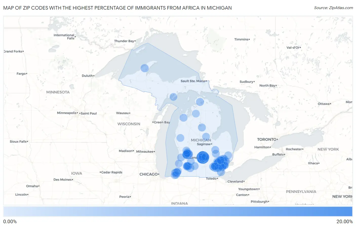 Zip Codes with the Highest Percentage of Immigrants from Africa in Michigan Map