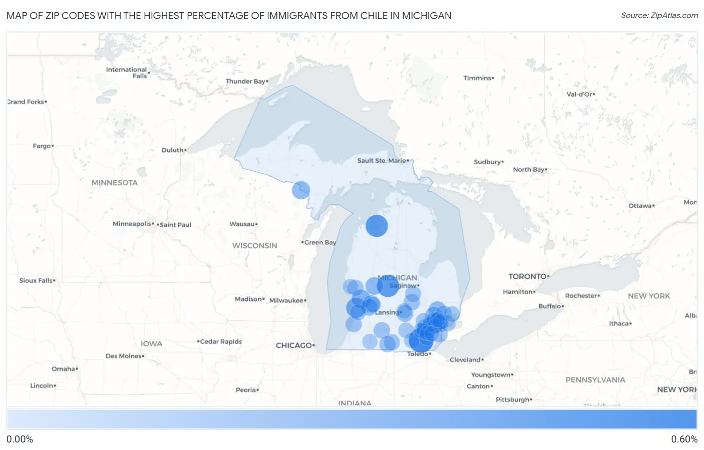 Zip Codes with the Highest Percentage of Immigrants from Chile in Michigan Map