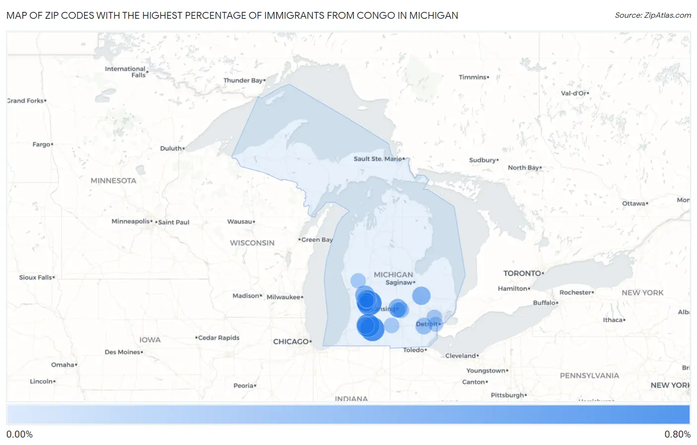 Zip Codes with the Highest Percentage of Immigrants from Congo in Michigan Map