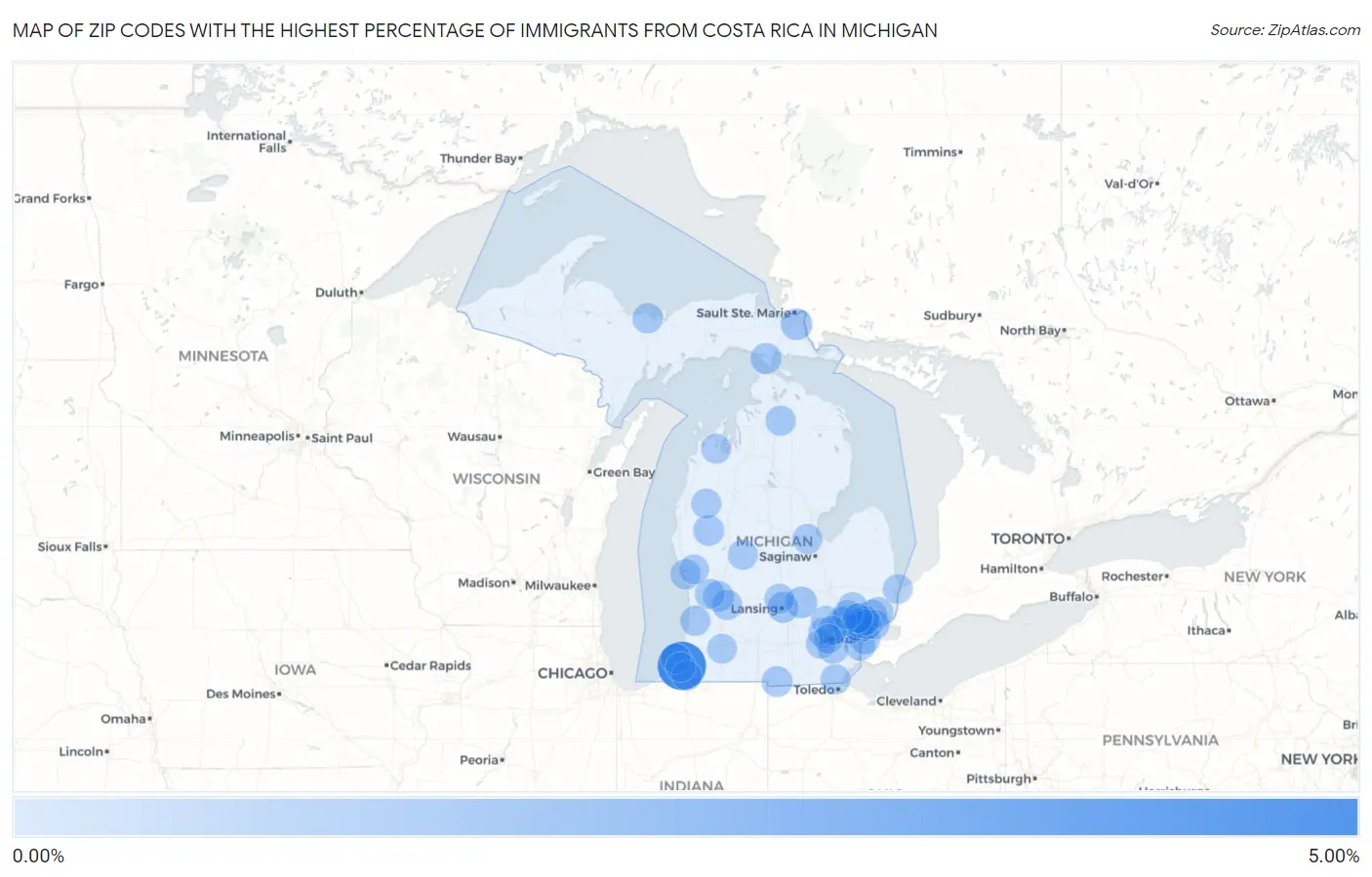 Zip Codes with the Highest Percentage of Immigrants from Costa Rica in Michigan Map