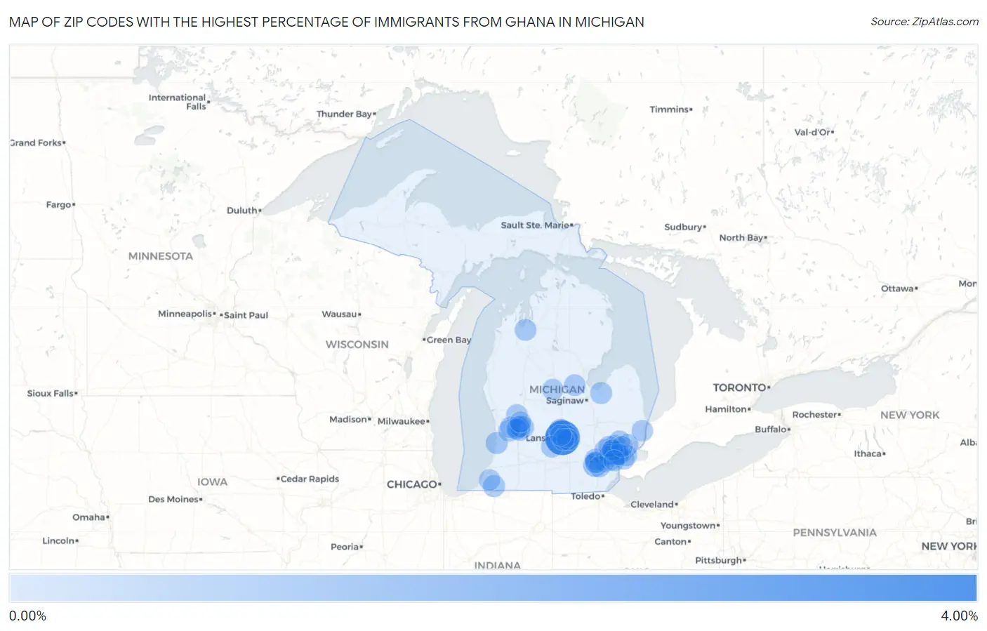Zip Codes with the Highest Percentage of Immigrants from Ghana in Michigan Map