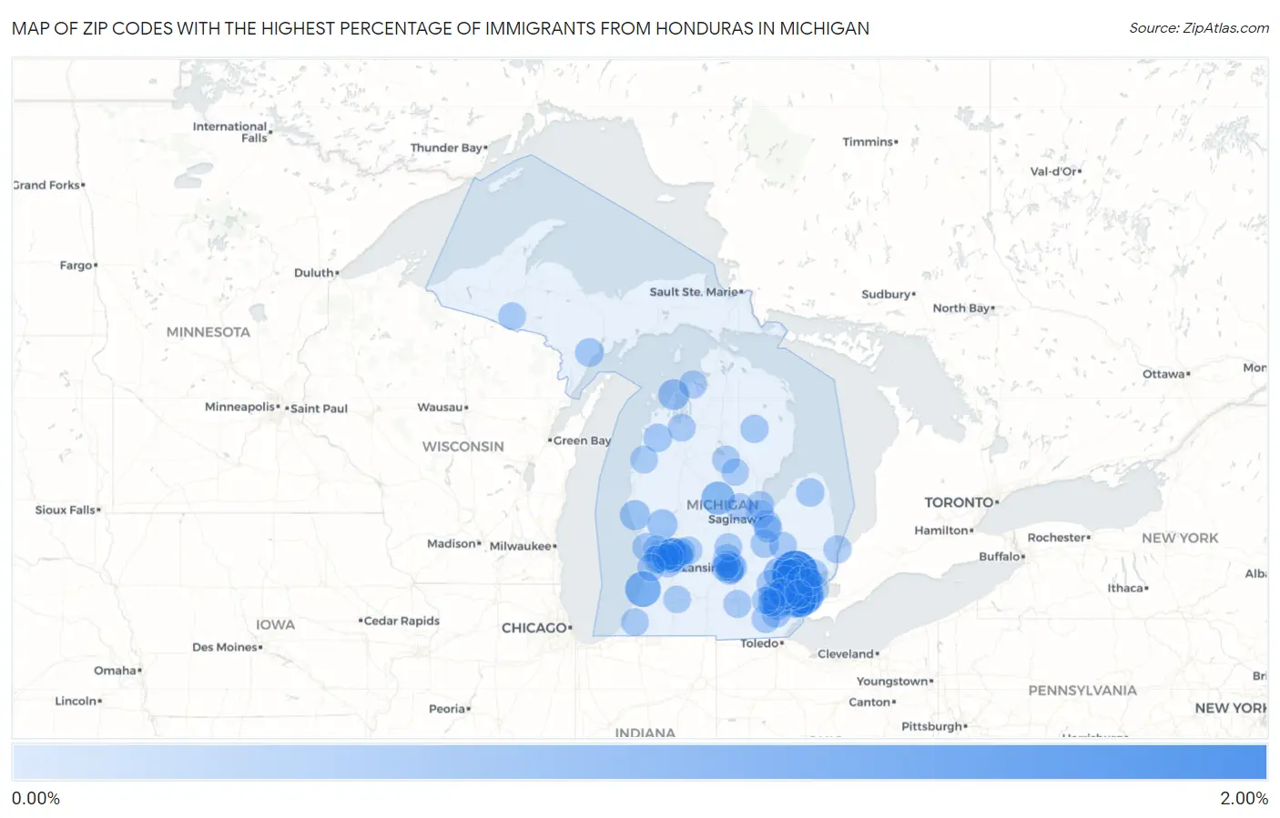 Zip Codes with the Highest Percentage of Immigrants from Honduras in Michigan Map