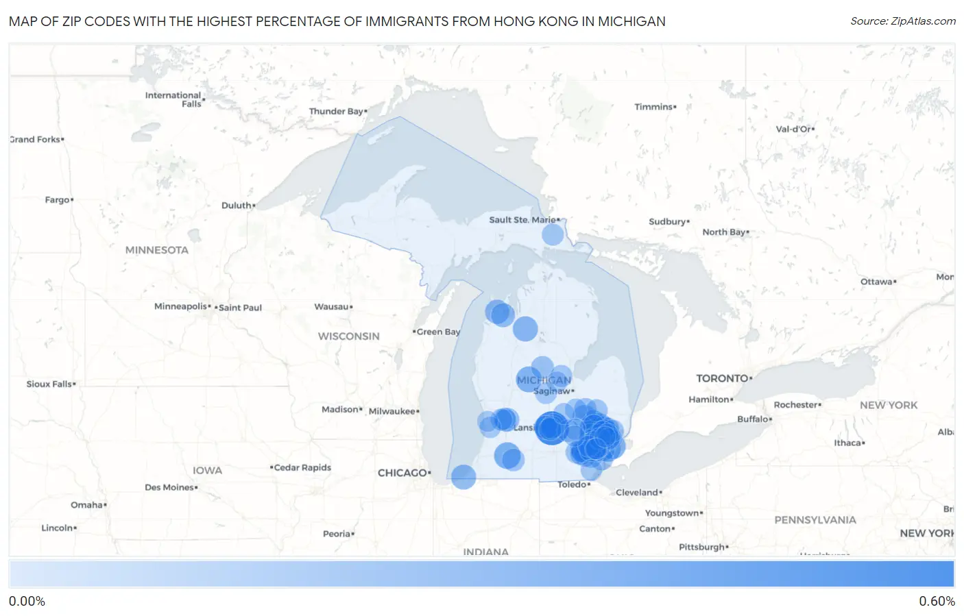 Zip Codes with the Highest Percentage of Immigrants from Hong Kong in Michigan Map