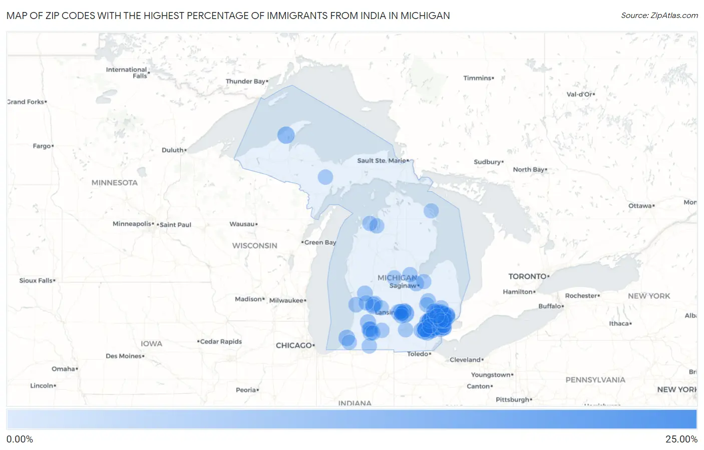 Zip Codes with the Highest Percentage of Immigrants from India in Michigan Map