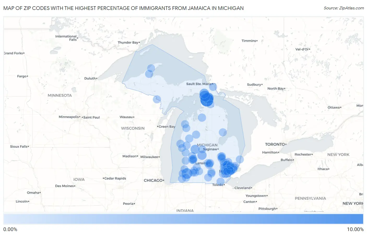 Zip Codes with the Highest Percentage of Immigrants from Jamaica in Michigan Map