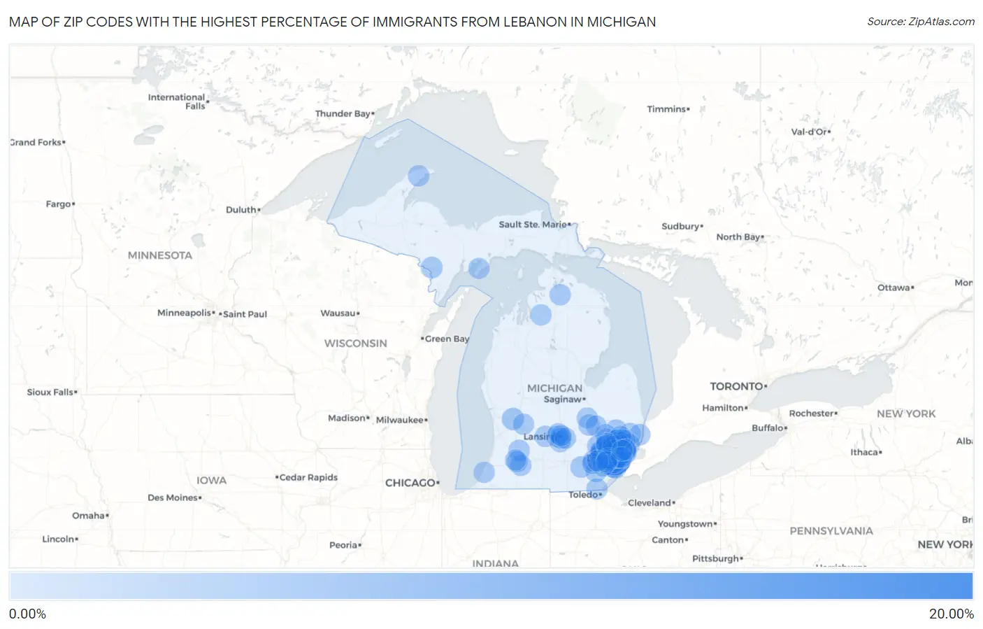 Zip Codes with the Highest Percentage of Immigrants from Lebanon in Michigan Map