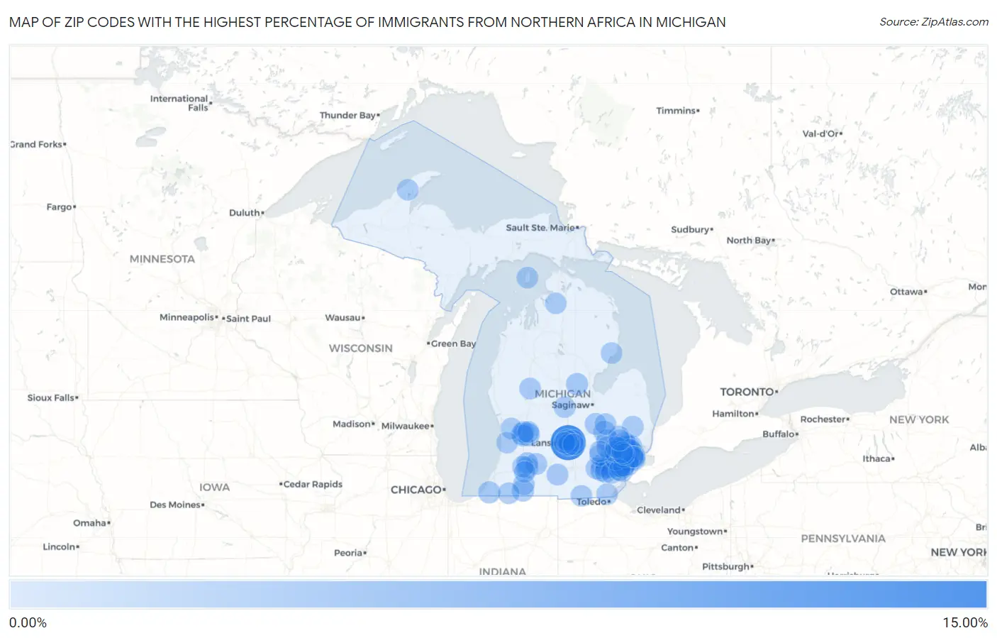Zip Codes with the Highest Percentage of Immigrants from Northern Africa in Michigan Map