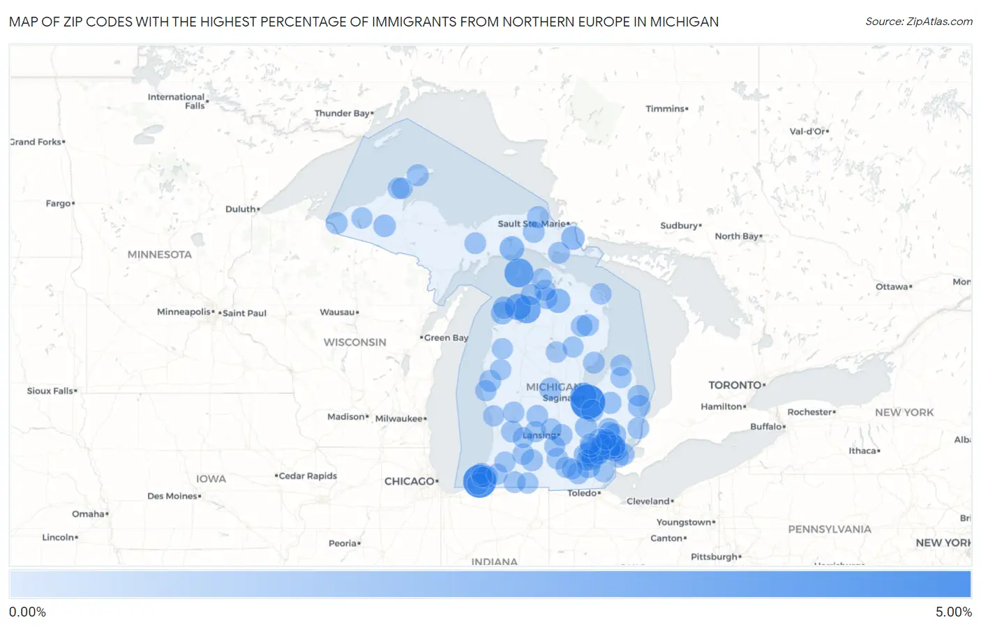 Zip Codes with the Highest Percentage of Immigrants from Northern Europe in Michigan Map