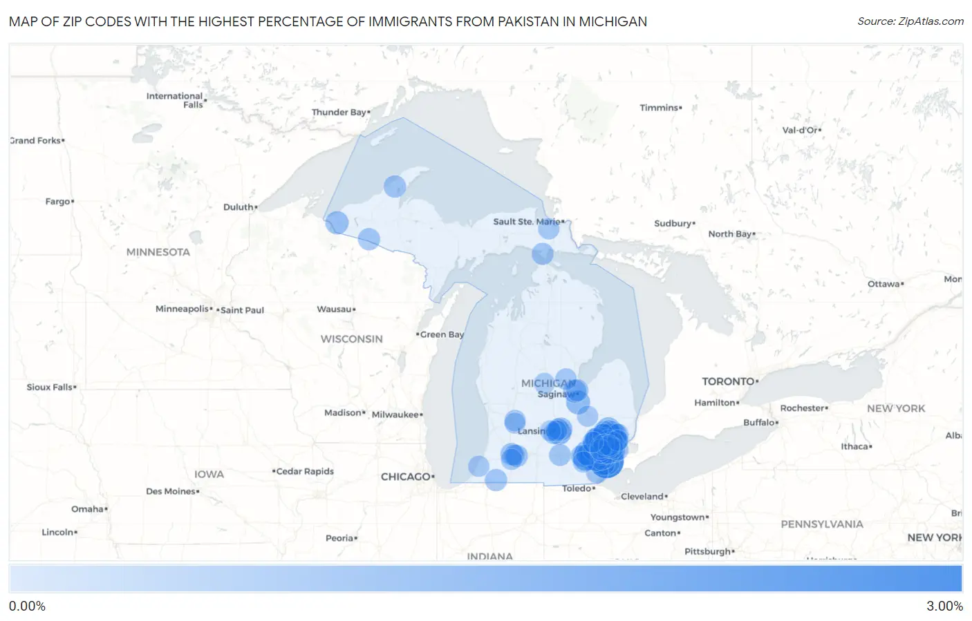 Zip Codes with the Highest Percentage of Immigrants from Pakistan in Michigan Map
