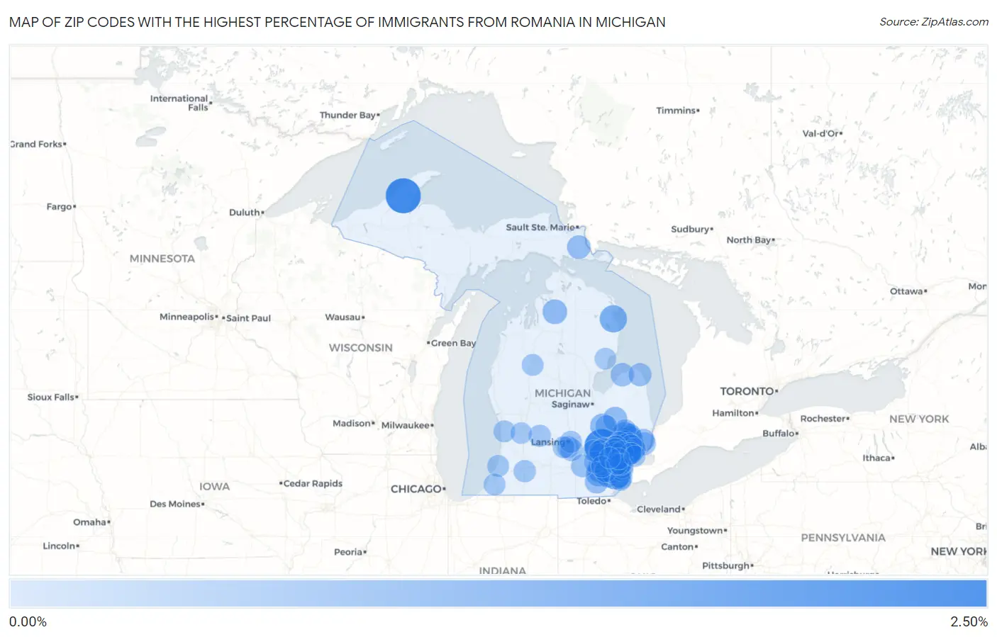 Zip Codes with the Highest Percentage of Immigrants from Romania in Michigan Map