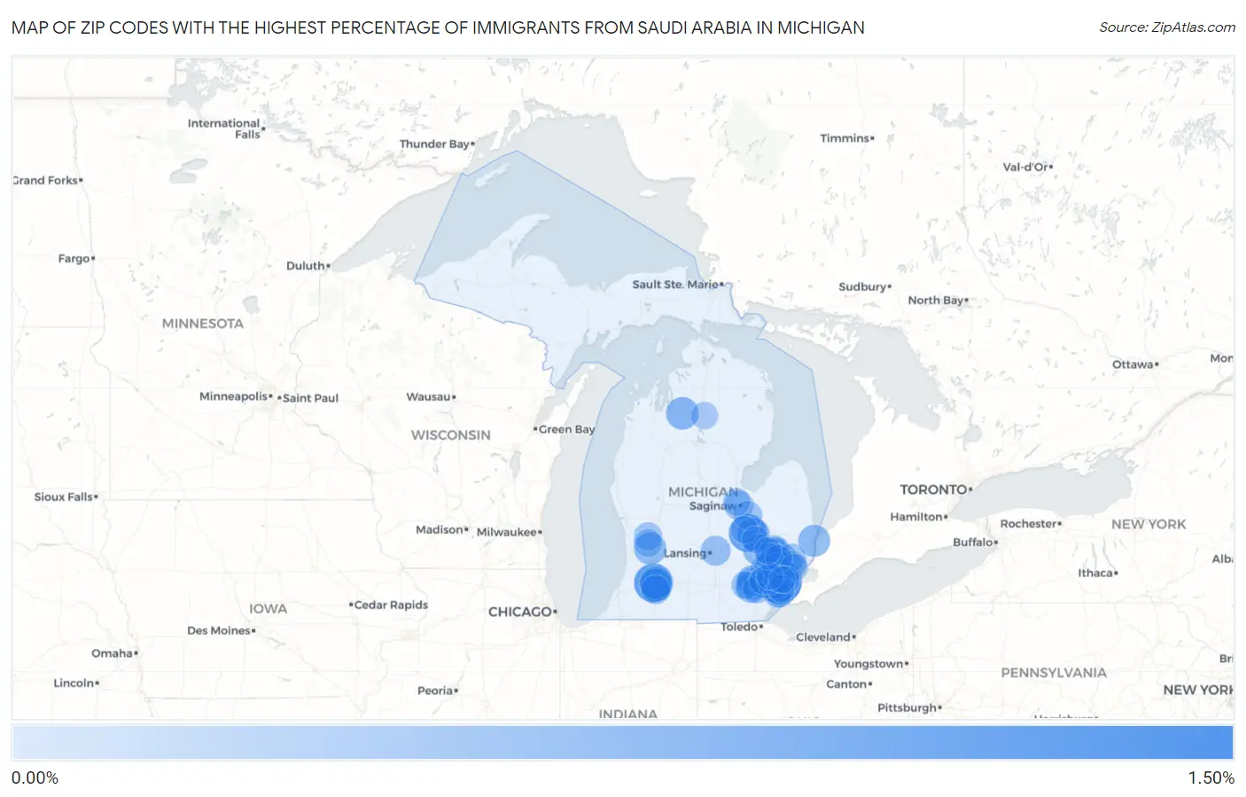 Zip Codes with the Highest Percentage of Immigrants from Saudi Arabia in Michigan Map