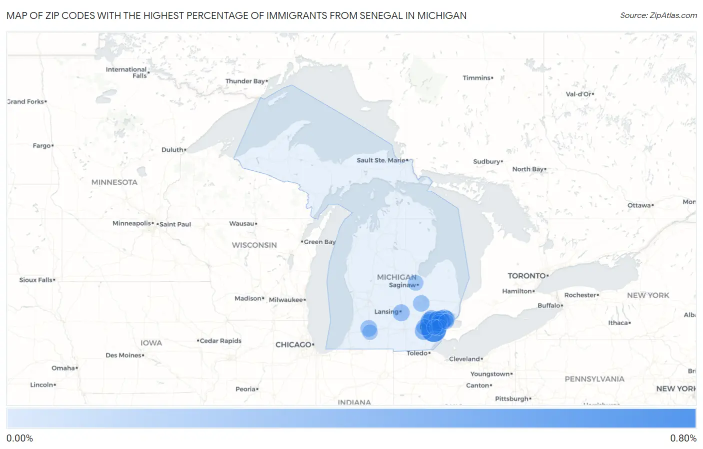 Zip Codes with the Highest Percentage of Immigrants from Senegal in Michigan Map