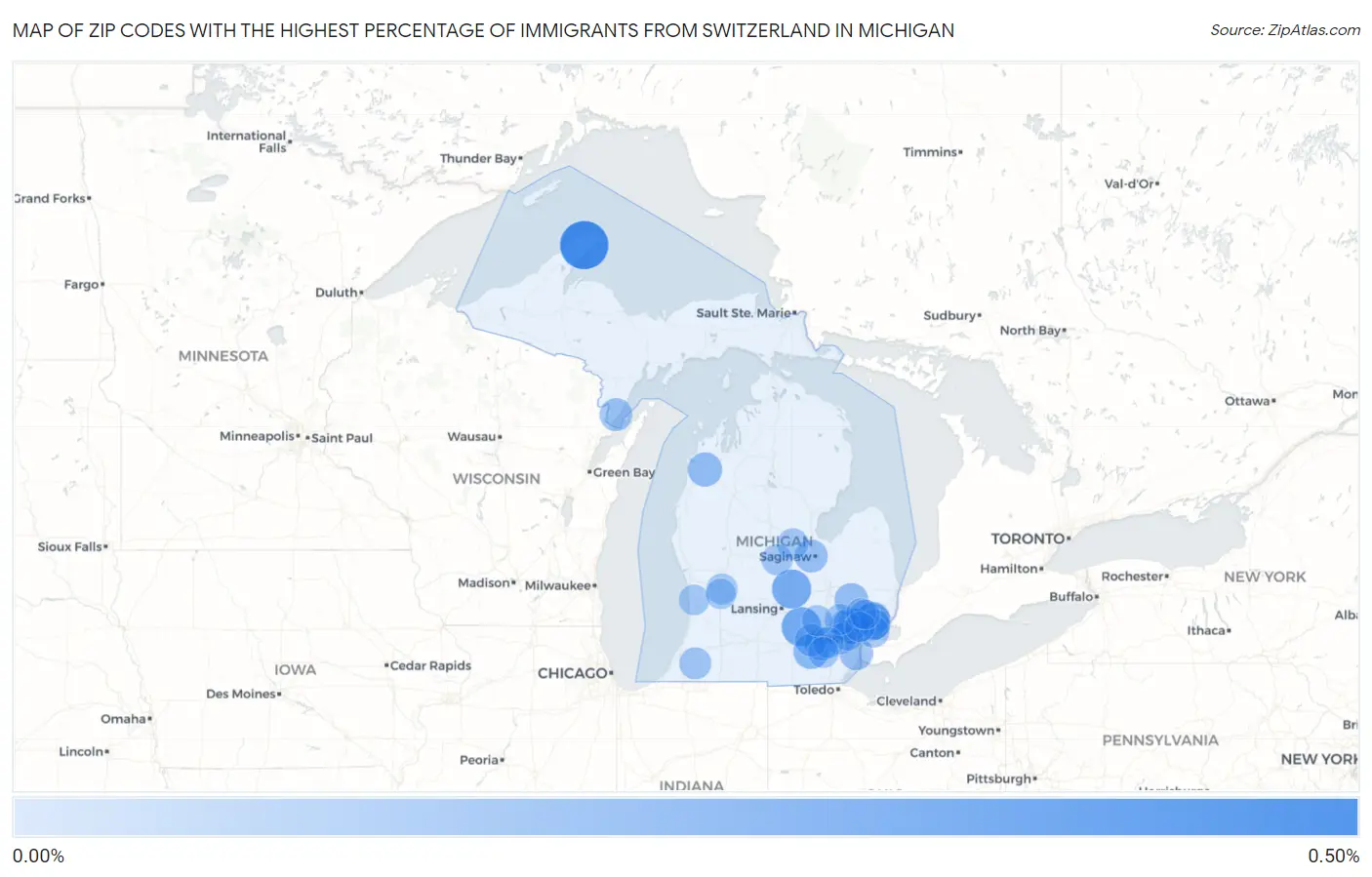 Zip Codes with the Highest Percentage of Immigrants from Switzerland in Michigan Map