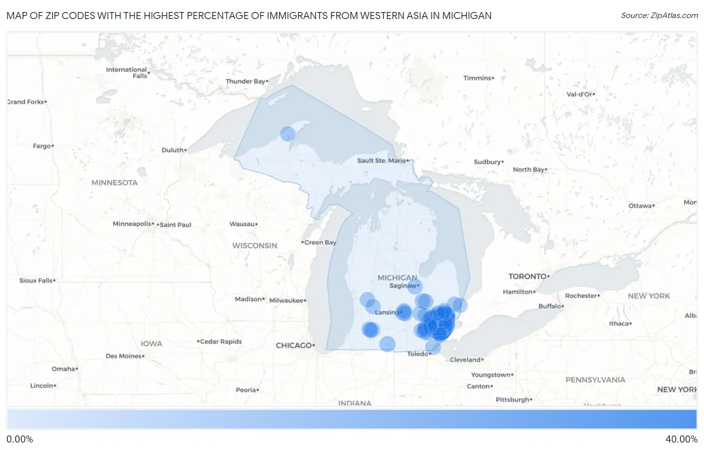 Zip Codes with the Highest Percentage of Immigrants from Western Asia in Michigan Map