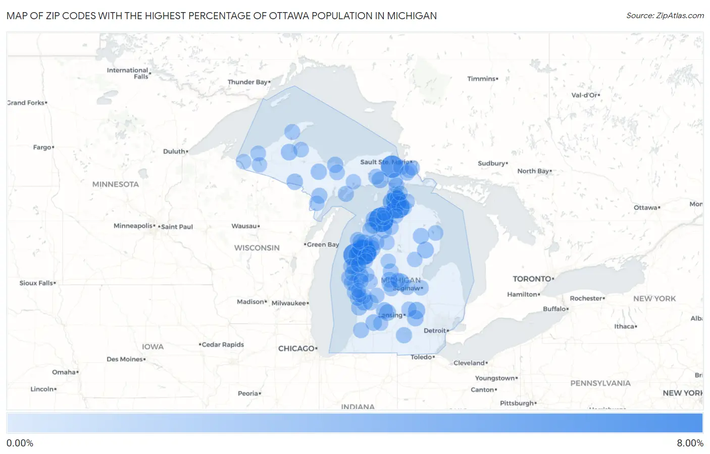 Zip Codes with the Highest Percentage of Ottawa Population in Michigan Map