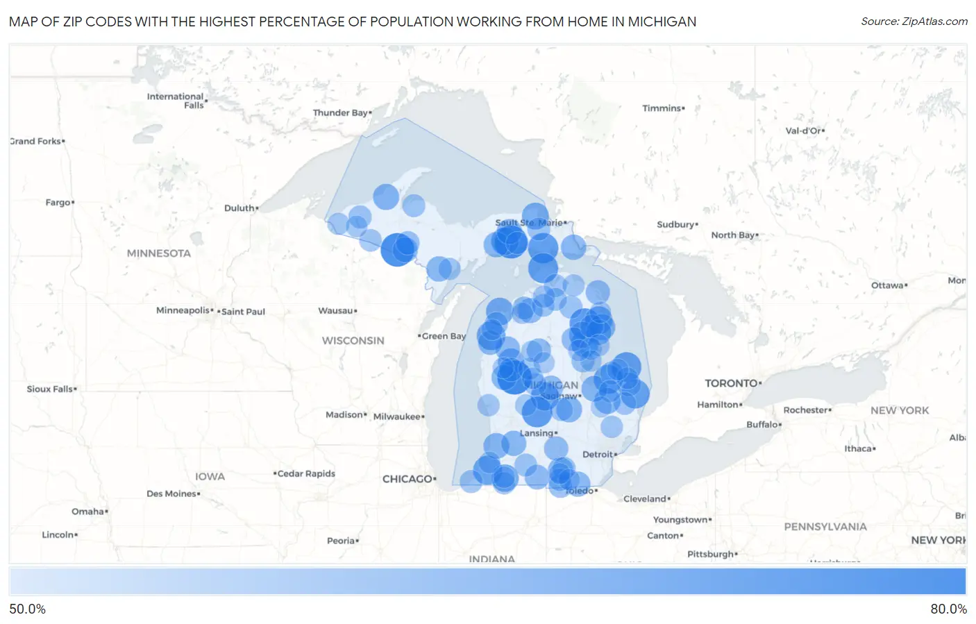 Zip Codes with the Highest Percentage of Population Working from Home in Michigan Map