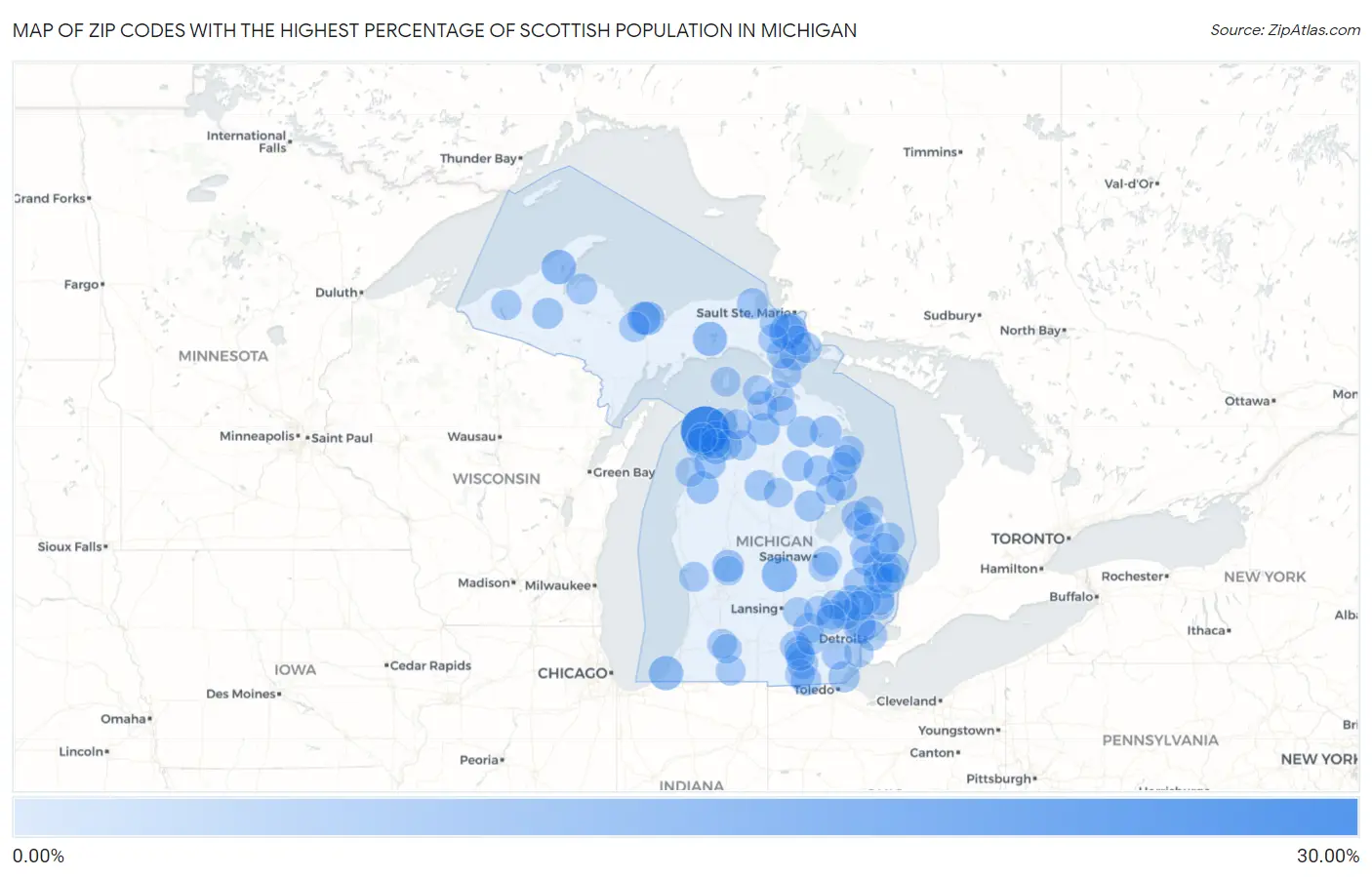 Zip Codes with the Highest Percentage of Scottish Population in Michigan Map