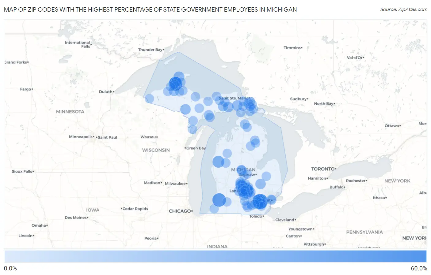 Zip Codes with the Highest Percentage of State Government Employees in Michigan Map