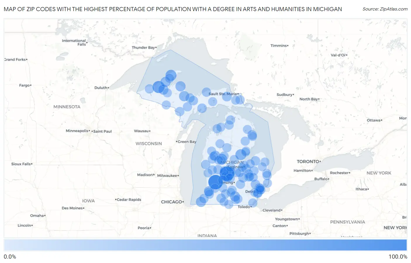 Zip Codes with the Highest Percentage of Population with a Degree in Arts and Humanities in Michigan Map