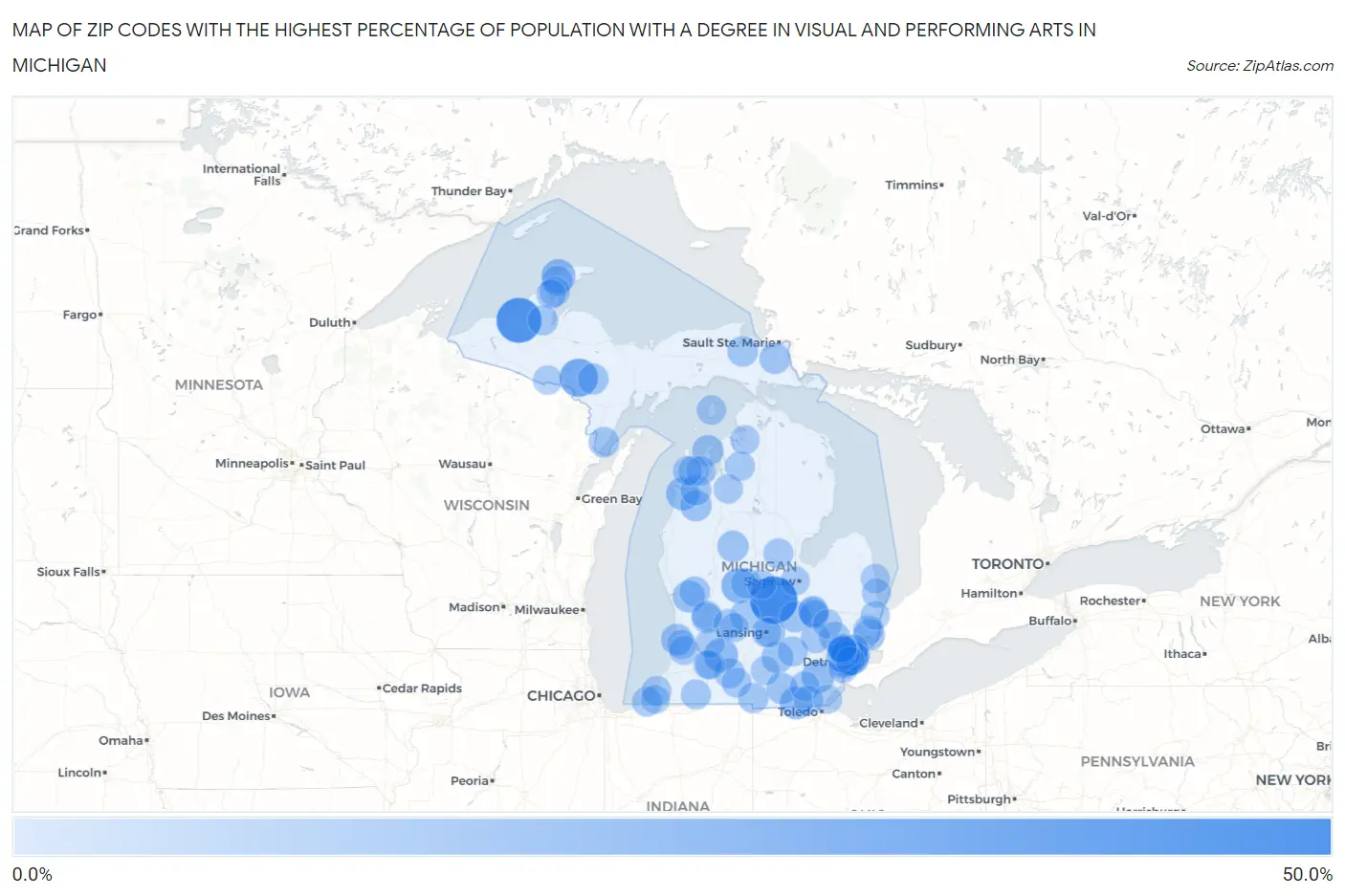 Zip Codes with the Highest Percentage of Population with a Degree in Visual and Performing Arts in Michigan Map