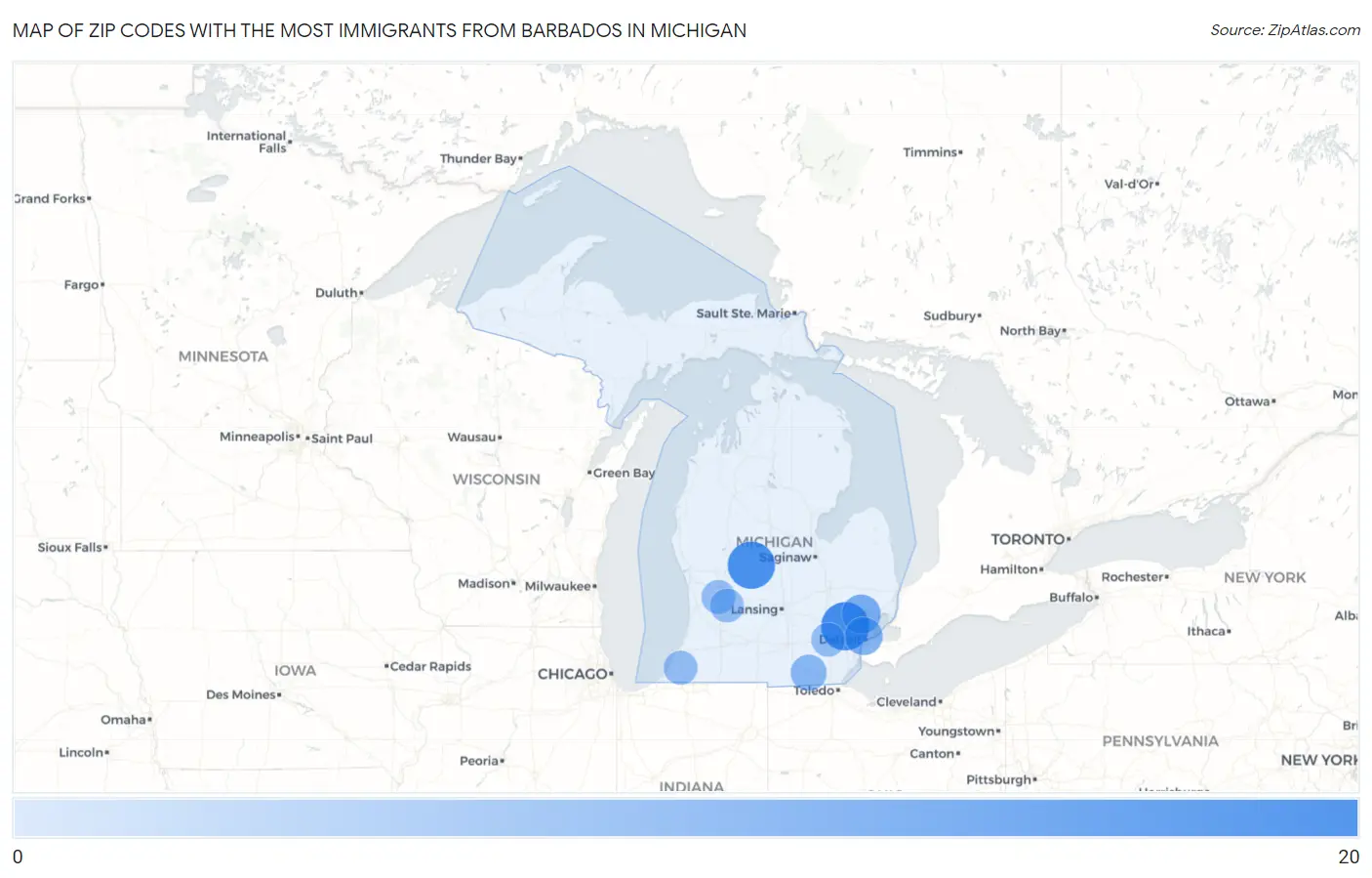 Zip Codes with the Most Immigrants from Barbados in Michigan Map
