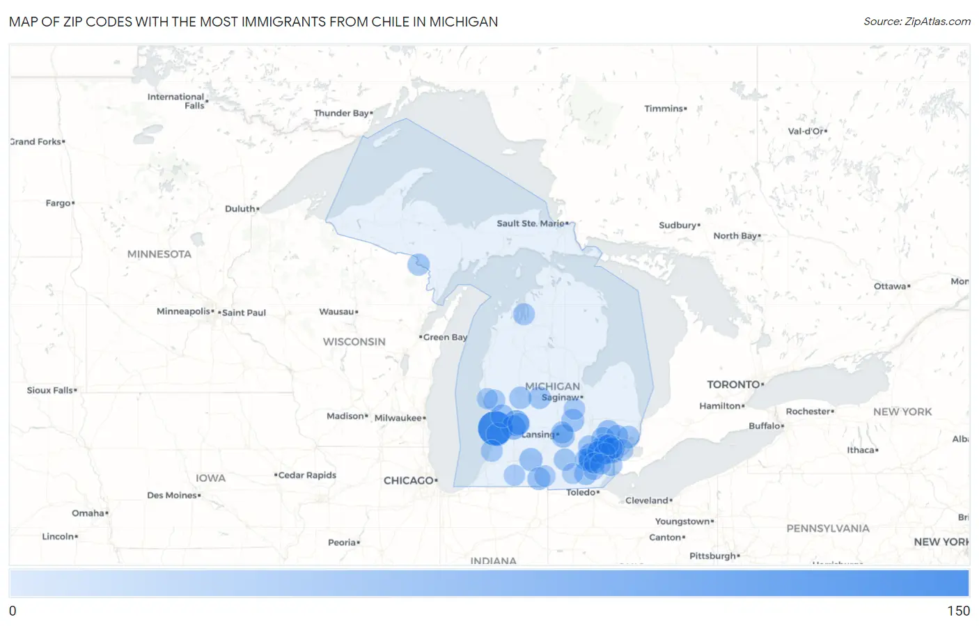 Zip Codes with the Most Immigrants from Chile in Michigan Map